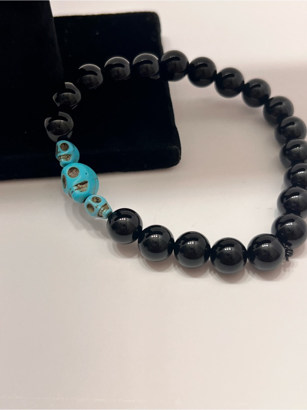 Black Beaded Men's Bracelet with Turquoise Skull Accent
